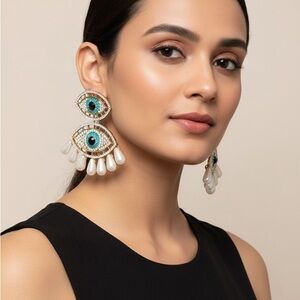 Bohemian Evil Eye Chandelier Earrings | Turquoise Crystal & Faux Pearl Tassel